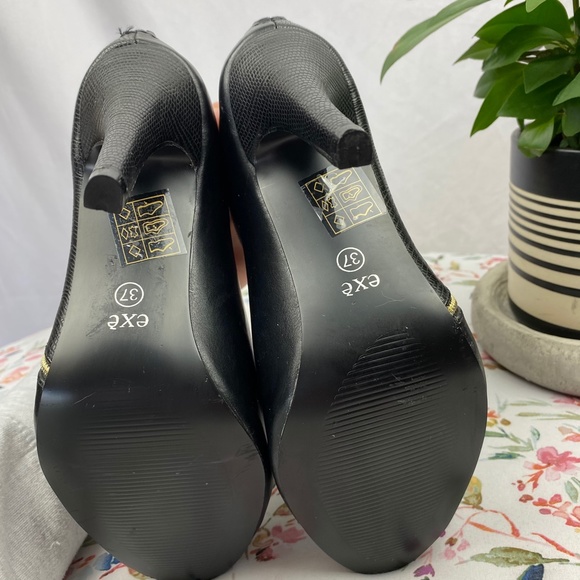 Exe' Greek Black Gold Leather Ankle Booties Heel - Picture 6 of 8